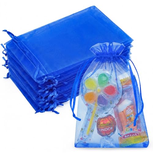 Image of Crweety 50PCS Blue Organza Bags 4x6, Small Mesh Gift Bags Drawstring, Mini Sheer Gift Pouches Baggies for Jewelry Candy Sachet Wedding Baby Shower Mother's Day Party Favor Bridal Shower Graduation