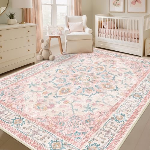 Image of CAPALOCA Machine Washable Rugs Nursery Rug 5x7 Cute Girl Non Slip Low Pile Water Repellent Soft Print Pattern for Bedroom Indoor Decor Kids Playroom Pink Teal