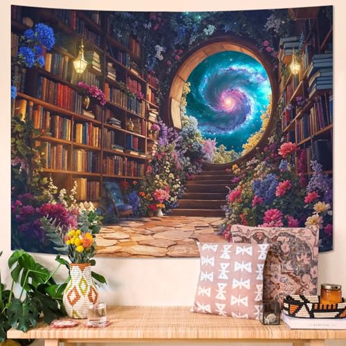 Accnicc Floral Bookshelf Tapestry Fantasy Library Tapestries Wall Hanging Vintage Plant Flower Book Small Tapestry for Bedroom Living Room Dorm 60 x 44 inch