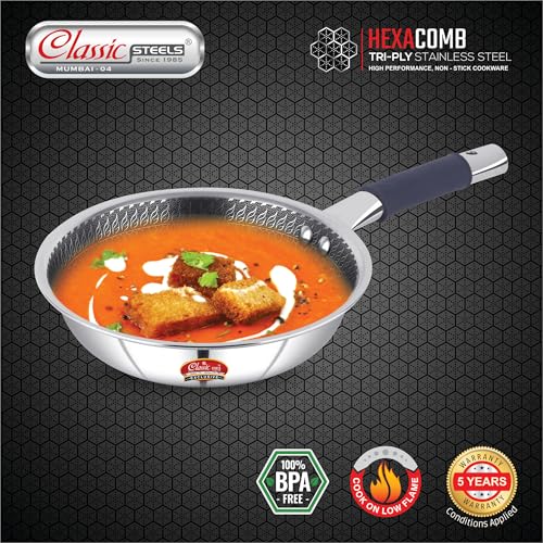 Image of Classic Steels Hexa Comb Triply Frypan Without Lid - 1 LTR (20cm) | Stainless Steel Non-Stick Fry Pan | Induction & Gas Compatible | 2.5mm Thickness | Durable Stay Cool Silicon Handle