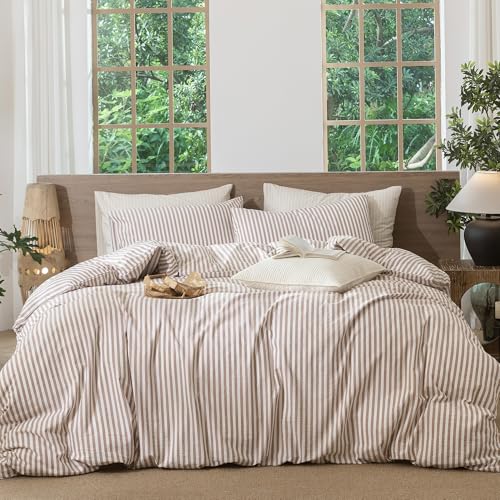 Image of MooMee Striped Duvet Cover Set 100% Washed Cotton Linen Like Full | Relaxed Linen-like Texture. Soft, Breathable & Long-lasting Comfort. Lightweight. Hidden Zipper with 8 Interior Corner Ties