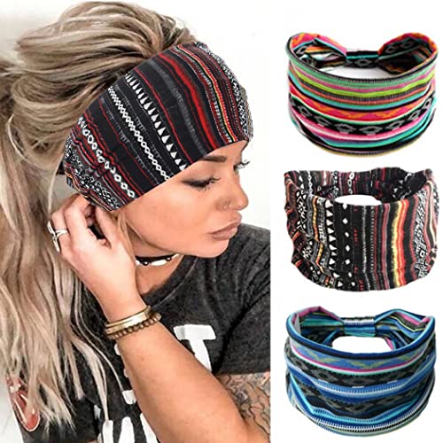 CAKURE Boho Headbands Wide Turban Knotted Stretch Head Bands Thick Head Wraps Yoga Running Workout Hairbands Hair Scarf Fashion Hair Accessories for Women and Girls Pack of 3