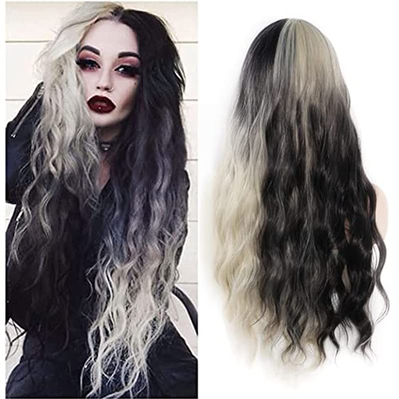 White and Black Wig for Women - 30 inch Long Wavy Wig Colored Wigs Synthetic Heat Resistant Perfect Wigs for Cosplay Party Show Daily Party Witch Wigs for Women Halloween (Half White Half Black)