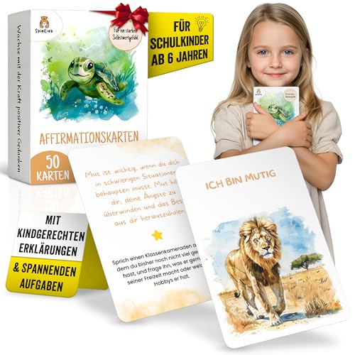 SpielLieb Affirmationskarten Kinder 50 Achtsamkeitskarten für mehr Selbstliebe Mut & Dankbarkeit Gefühlskarten für Kinder mit positiven Glaubenssätzen emotionale Stärke fördern