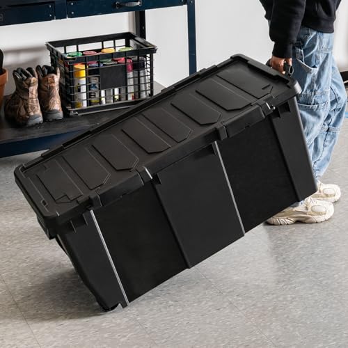 Image of IRIS USA 32 Gallon Rolling Storage Bin with Lid, Heavy Duty, 2 Pack | Built-in wheels and lockable latches make transporting tools, camping gear, truck equipment, and garage storage effortless.