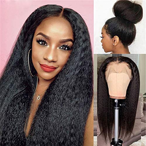 Lace Front Human Hair Wigs Yaki Straight Deep Parting Lace Front Wig for Black Women Long 22inch Glueless 13x4 Lace Wig Pre plucked with Bleached Knots Natural Black Color
