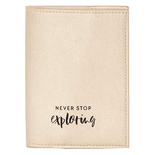 JO & JUDY Reisepasshülle Never Stop Exploring - Schutzhülle für Reisepass und Reiseunterlagen, mit schönem Leinenfutter - Maße 10,5 x 14 cm, goldfarben Cover