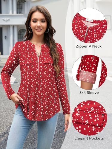 Image of Bulotus 3 /4 Length Sleeve Womens Striped Tops Zipper V Neck Collared Blouses Business Casual Tunics 2026 Spring Trendy