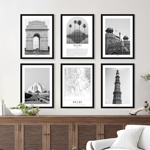 Image of PAINTINGMANTRA A3 Delhi Wall Art Prints Pack of 6, Heritage Landmark Framed Decor, Red Fort, Qutub Minar, Architectural Photography, Photos for Living Room, Bedroom, Office Decoration(32x44 cm)