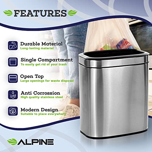 Alpine Industries 20 L / 5.3 Gal Stainless Steel Slim Open Trash Can - Compact Garbage Bin - Wide Access Top Slender Durable Receptacle With Sturdy Plastic Liner #TOP1