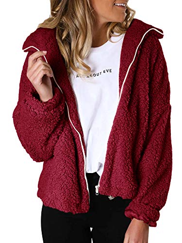 Womens Sherpa Full Zip Faux Fur Jackets Long Sleeve Fleece Fuzzy Lapel Flutty Shearling Winter Warm Outwear (Wine Red, X-Small)