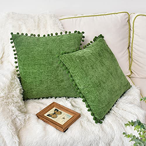 CaliTime Throw Pillow Cases Pack of 2 Cozy Solid Dyed Soft Chenille Cushion Covers with Pom Poms for Couch Sofa Home Decoration 50cm x 50cm Forest Green - Image 2