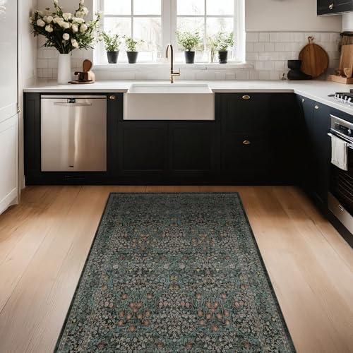 Image of Vintage Floral Dark Green 3x5 Area Rugs for Entryway, Kitchen, Bedroom Beside Rug, Laundry Room, Non-Slip Low Pile Ultra Soft Stain Resistant Small Carpet