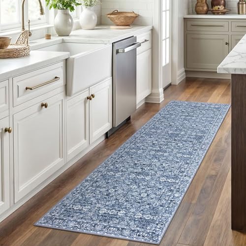 2x6 Blue Washable Runner Rug for Hallways, Soft Classic Kitchen Rugs with Non-Slip, Non-Shedding Distressed Floral Rug for Hallways Entryway Bedroom Bathroom Laundry