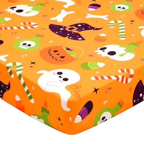 Image of UOMNY Halloween Pumpkin Crib Sheet for Boys Girls Halloween Fitted Crib Sheets for Standard Crib 52 X 28 Inch Toddler Crib Mattresses Sheet, Purple Hat