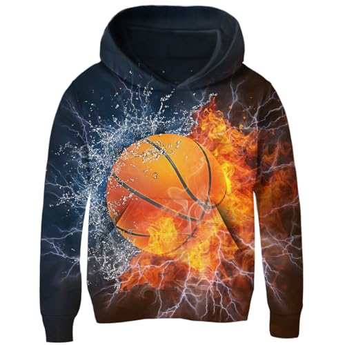 uideazone Flame Basketball Hoodies for Boys Size 8-10 Kids 3D Flame Hooded Sweatshirts Hoodie Fashion Sports Pullover Hooded Coat Jacket Jumper