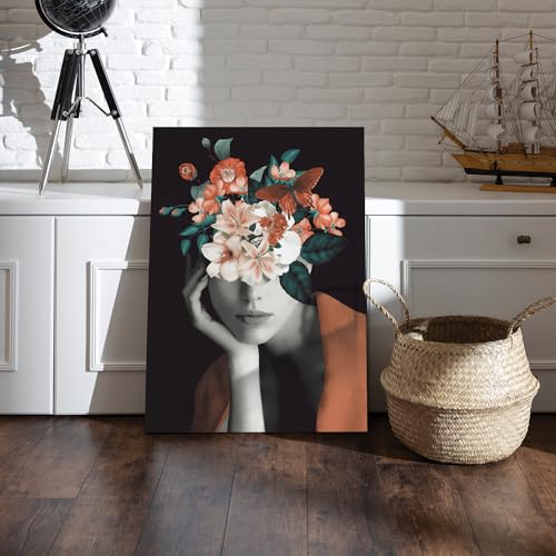 Image of PAINTINGMANTRA Stretched Modern Canvas Wall Art Painting, Women Flowers & Butterfly Artwork for Living Room, Home, Bedroom, Office Decoration (Set of 1, 16x22 Inch)