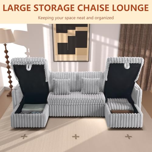 Image of 107'' Sectional Sleeper Sofa with Pull Out Bed, Storage Chaise, Adjustable Backrest, USB Charger, Cup Holder & Side Pocket, Fluffy Soft Corduroy U Shaped Couch for Living Room, Cloud Grey
