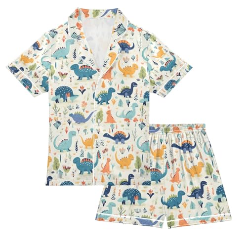 senya Animal Dinosaurs Satin Summer Pajama Sets Silk Short Sleeve Button Down Sleepwear