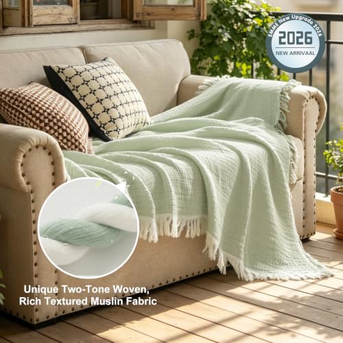 Image of EMME Muslin Throw Blanket with Tassels, 100% Cotton Gauze, Green, 50 inchx60 inch | Soft Breathable Gauze Throw, Lightweight, Cozy for Adults Couch Sofa Bed, Gifts for Women Mom, Boho Home Decor, All Season