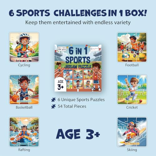 Image of 11 Strokes 6 in 1 Sports Jigsaw Puzzle for Kids Age 3+ | 54 Pieces | Cricket Football Tennis Badminton Swimming Cycling | Premium MDF | Educational Toy