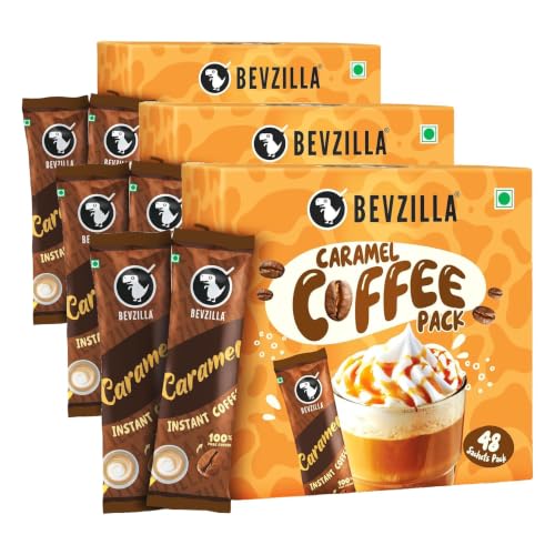 Image of Bevzilla 48 Instant Coffee Powder Sachets (Caramel) - 96 Grams | Makes 48 Cups| Arabica Coffee| Strong Coffee| Easy To Carry| Best For Espresso, Latte,Cappuccino | | Enjoy Hot & Cold (Pack of 3)