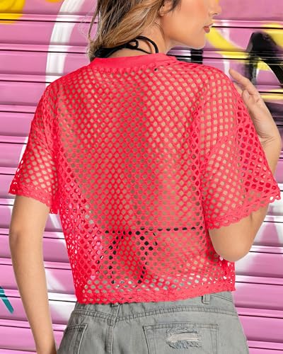 Image of Women's Mesh Top Fishnet T Shirts Sheer Loose Short Sleeve See Through Crop Tops