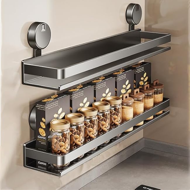 Spice Rack wall mounted 2 Pack,Suction Cups Spice Organizer for Cabinet,Large Capacity Metal Spice Shelf for Kitchen Cabinet, Pantry Doors, Bathroom, Shower, Home Decor(11.8 inch)