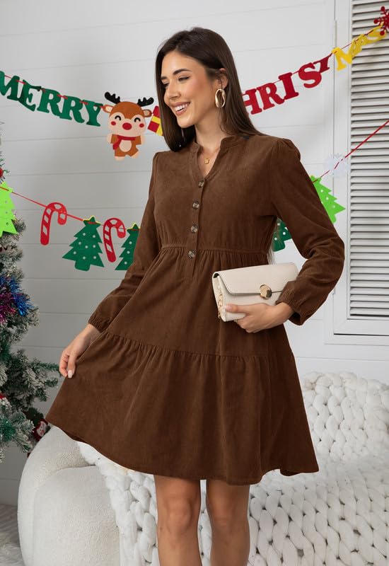 Alaster Queen Damen Herbstkleid Herbst Winter Kleid Langarm Volant Blusenkleid Damen Strickkleid Mit Taschen V-Ausschnitt Knielang Kleid Festlich Elegant Autumn Dress