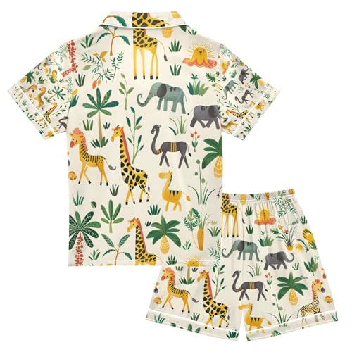 senya Giraffes Tree Satin Summer Pajama Sets Silk Short Sleeve Button Down Sleepwear2