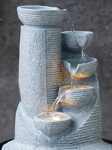 Image of CHRONIKLE Polyresin Grey Designer Table Top Indoor 5 Artistic Steps Waterfall Fountain with Yellow LED Lights & Water Flow Controller Pump (Size: 41 x 25 x 25 CM | Weight: 1980 gram | Color: Grey)
