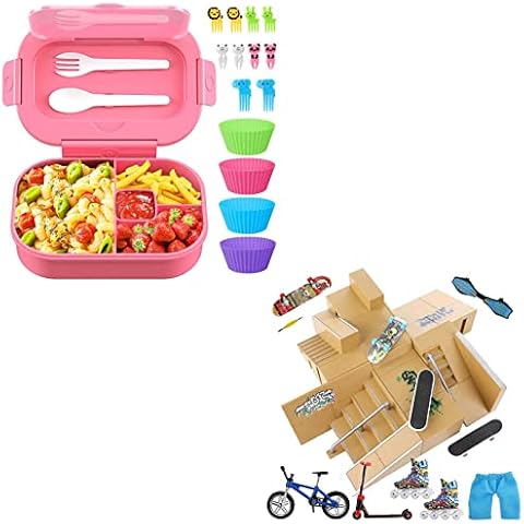 TIME4DEALS 4 Compartment Lunch Container with Cutlery Pink & 18 Pcs Fingerboard Skateboard Park Ramp Set Cover