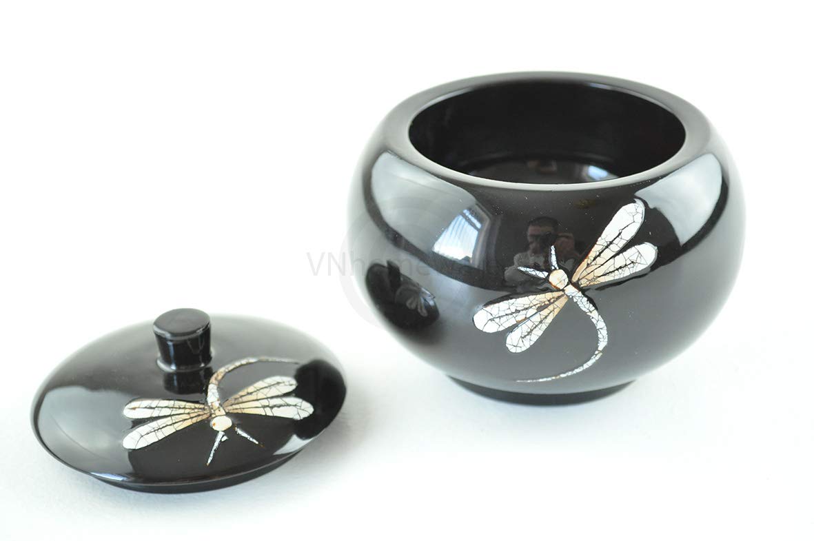 Decorative Oriental Wooden Bowl/ Jar / Box With Lid - Handmade Laquered & Carved Box, Jewelry Box - Black - H040