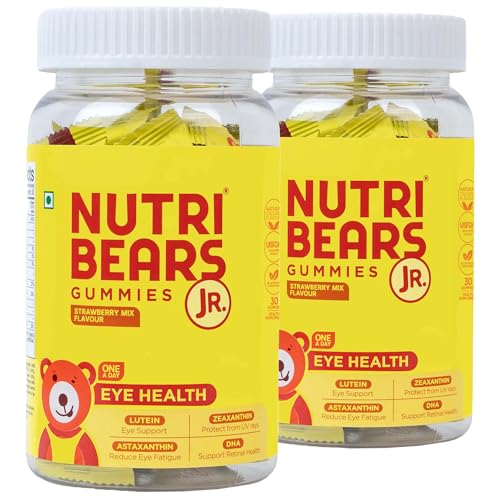 Image of NutriBears Kids Eye Health Gummies | Lutein + Astaxanthin + DHA + Zeaxanthin | Screen Time Eye Care | No Artificial Colours | USFDA-Registered | Vegetarian | Ages 2-12 | Strawberry | 60 Gummies