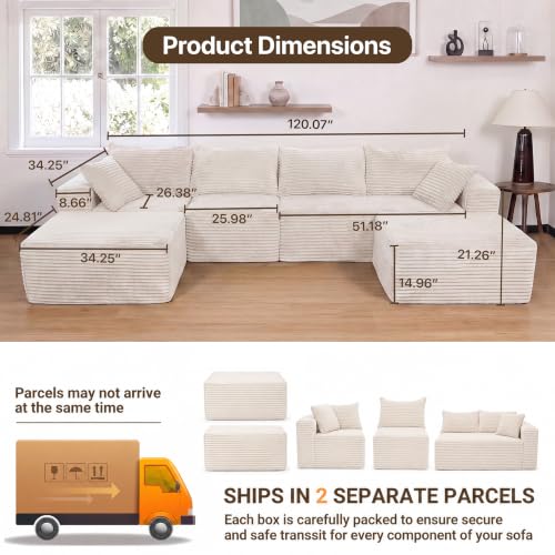 Image of Claiks 120 inch Boneless Couch, U-Shape Corduroy Sectional Sofa, Beige