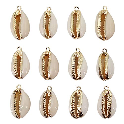 INSPIRELLE 12PCS Golden Natural Sea Shell Pendants Beach Seashells Cowrie Shell Charms for Jewelry Making