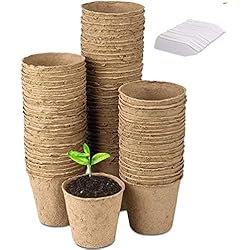 Macetas De Fibra Baratas LATERN 100Pcs 8cm Macetas de Semillas de Fibra Biodegradable para Plántulas y Trasplantes con 100pcs Etiquetas de Plantas de Plástico (Blanco 5x1cm)