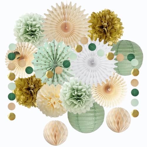 Party Deko Salbeigrün Gold Geburtstag Deko Mädchen Frauen Junge Grün Gold Seidenpapier Pompons Papierlaterne Punkte Kreis Girlande für Babyparty Brautparty Hochzeit Party