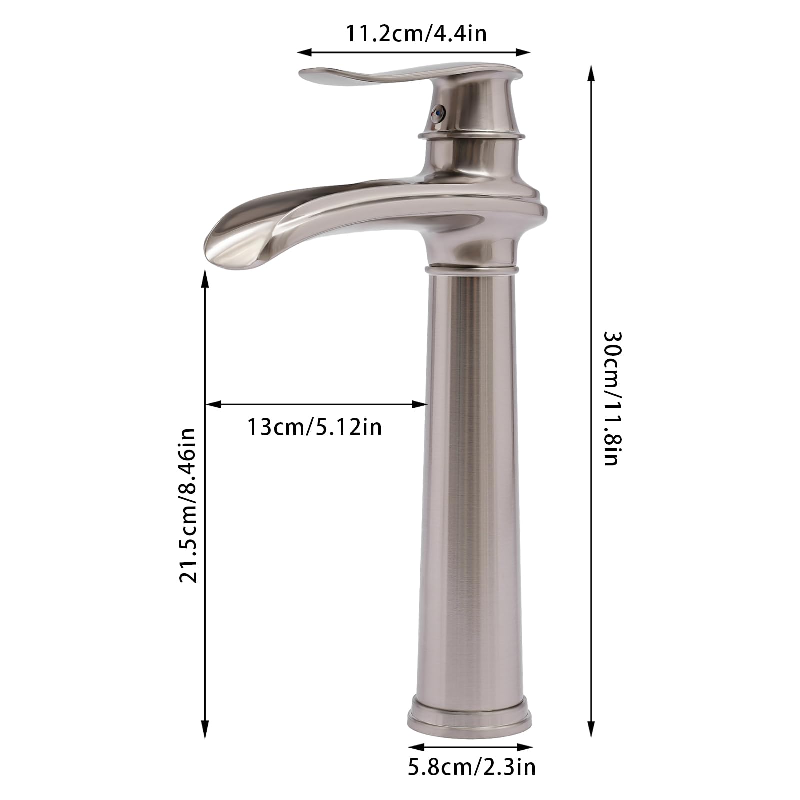 Wasserfall Wasserhahn Höhe des 30cm Antiken Bronze Wasserhahn mit Anti-Tropf Design & 2* Schläuche, Waschbecken Armaturen Messing 1.2kg Waschtischarmatur Hoch Retro für Washbecken Badezimmer, Silber