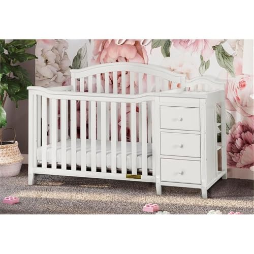 Image of Pemberly Row 4-in-1 Convertible Crib & Changer, Solid Pine Wood, White Finish, Arched Headboard, 3-Level Mattress Adjustments, Includes Changing Pad, Space-Saving Baby Station with Drawers & Shelves