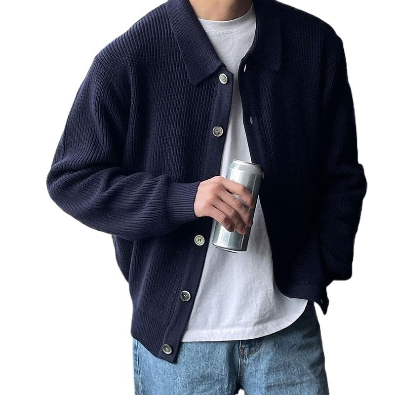 Men's Fall & Winter Solid Button Front Collar Neck Sweater Cardigan, Casual Long Sleeve Knitwear Top for Daily Outdoor