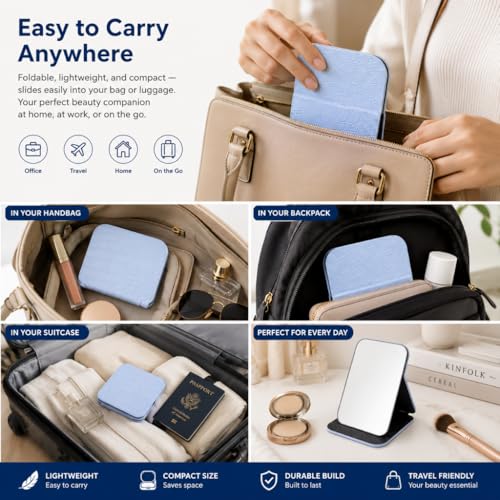 Image of Foldable PU Leather Makeup Mirror for Women, Clear Frameless Travel Vanity Mirror with Stand, Portable Desk Dressing Mirror for Makeup, & Office Use, Crocodile Texture Design 16 x 11 cm(Blue)