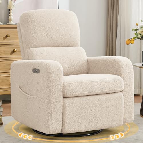 Image of AEMEIOS Power Swivel Rocker Recliner, Oversized Electric Boucle Recliner Chair, Swivel Glider Nursery Reclienr with Removable Cushion, Upholstered Recling Chair for Living Room Bedroom, Teddy Apricot