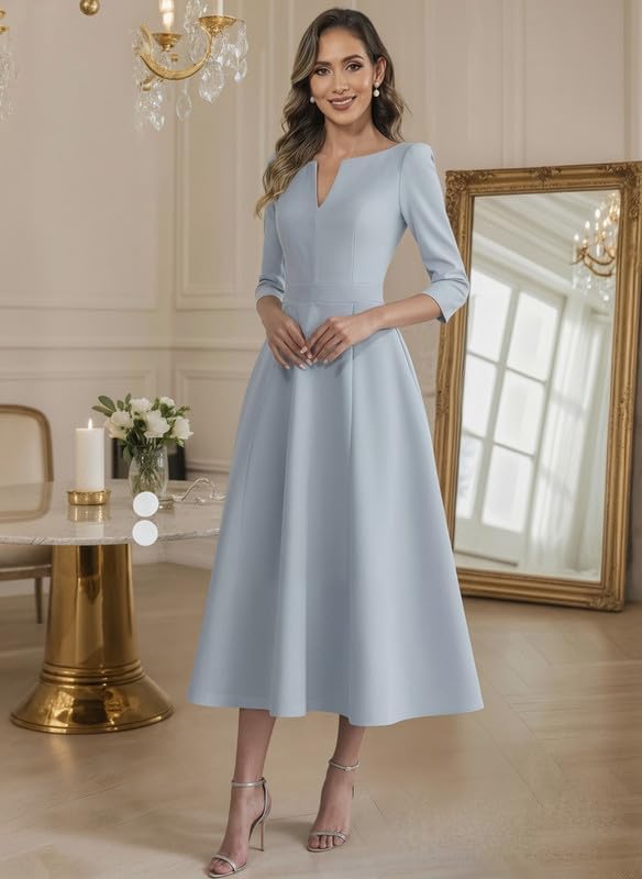 Tea Length Mother of The Bride Dresses with Long Sleeves Satin Formal Evening Dress with Pockets - Image 6