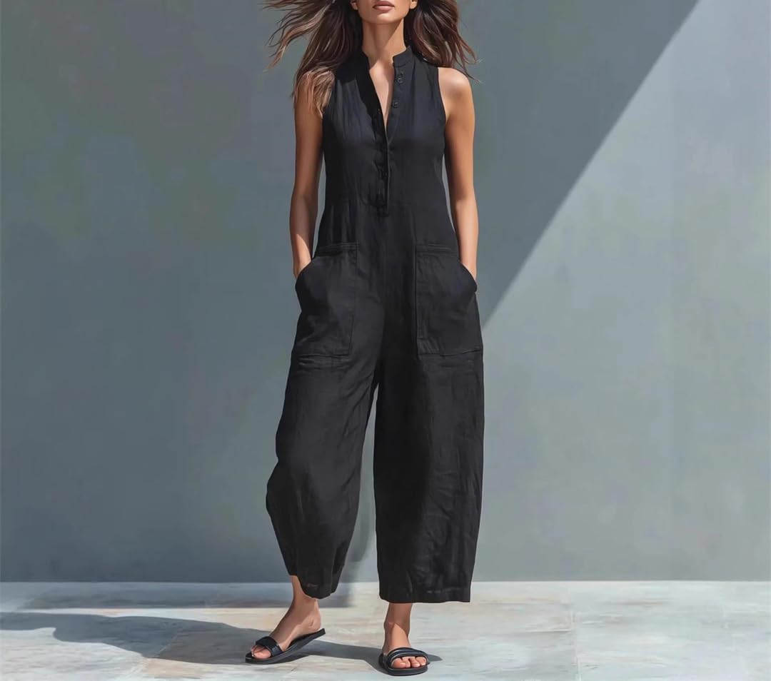 Yeuyyben Mono de una pieza sin mangas con cuello alto y pierna ancha para mujer, cintura alta, bolsillo, oficina, casual, elegante
