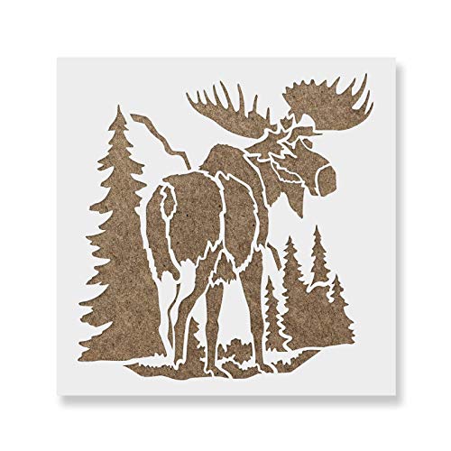 Moose in The Woods Stencil - Outdoor Pine Tree Design for Signs