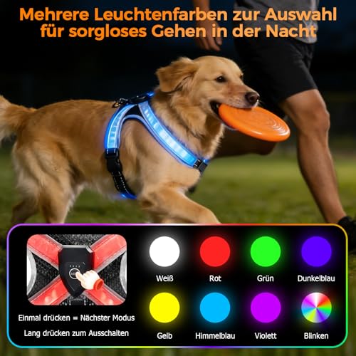 LED Hundegeschirr Leuchtend - Bequemes Leuchtgeschirr für Hunde, 7 Farben & Blinkmodi - USB-C Aufladbar, 11h Laufzeit - Für Mittelgroße Hunde 8-25kg