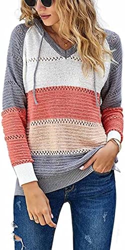 SWEET POISON Womens Stripes Color Block Knit Sweater Hoodies Long Sleeve Lightweight Drawstring Pullover Sweatshirts Sweaters Fall Winter Grey XL