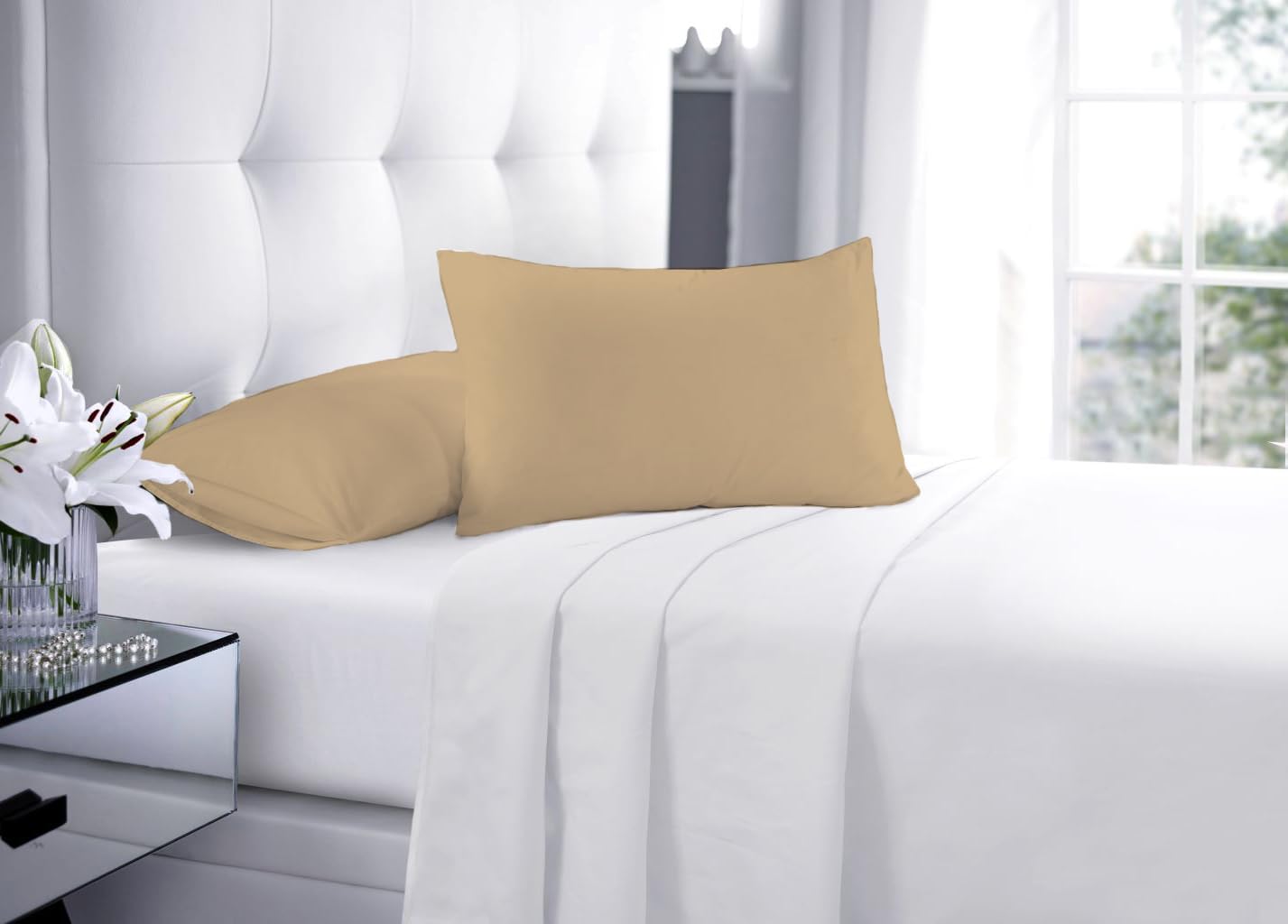 Dazzle Collection® Luxury Pillowcase Pair of Housewife Non-Iron 100% PolyCotton Bedroom Bedding Pillow Cover 2 Pack (Beige)