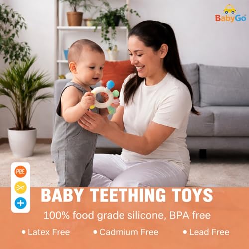Image of BabyGo 2 in 1 Baby Teether and Teething Ring for Infants | Soft Silicone and Natural Neem Wood Teether | Teething Toy for Chewing, Mouthing, and Sensory Development for Babies 3-12 Months | Pack of 1